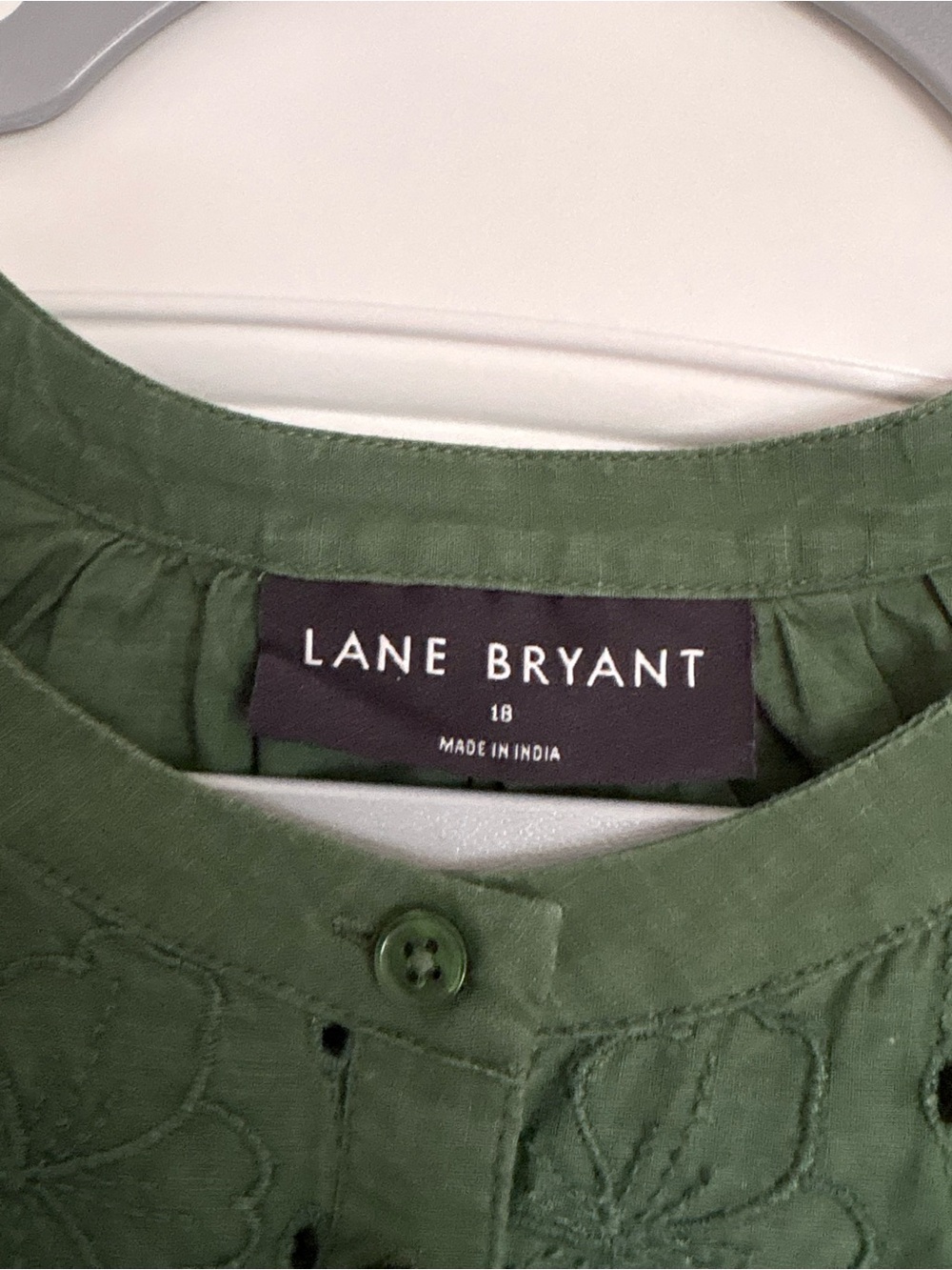 Lane Bryant Olive Green Button-Front Eyelet Blouse - Picture 2 of 5